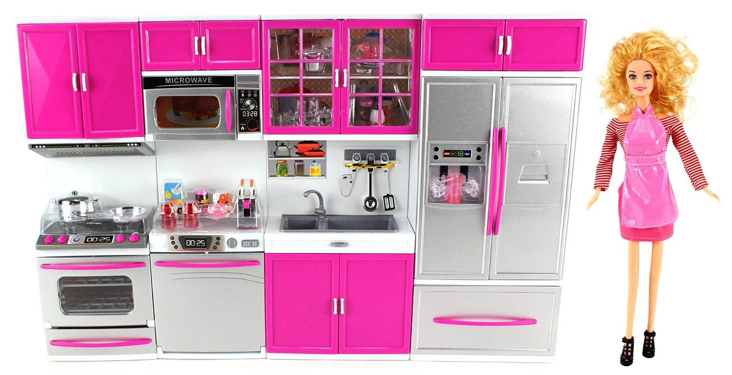 My Modern Kitchen Full Deluxe Kit Battery Operated Kitchen Playset With Toy Doll, Lights, And Sounds
