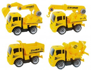 Take-A-Part Friction Powered Construction Trucks With Crane, Excavator, Mixer, Dump Truck 